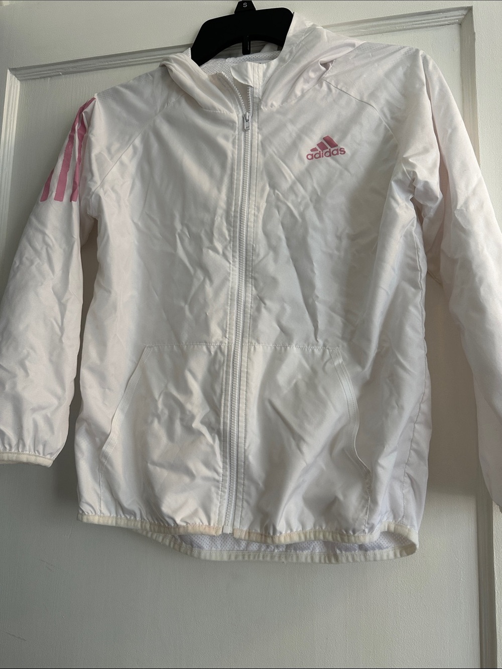 adidas White Hooded Jacket with Light Pink Accents
